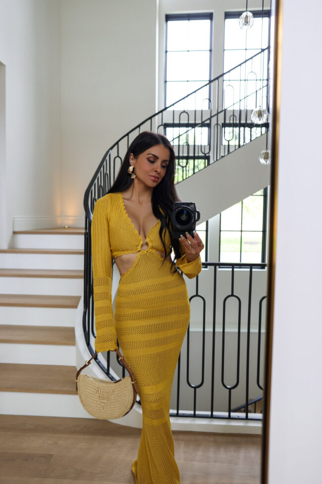 brunette fashion blogger wearing a yellow vacation dress from nordstrom