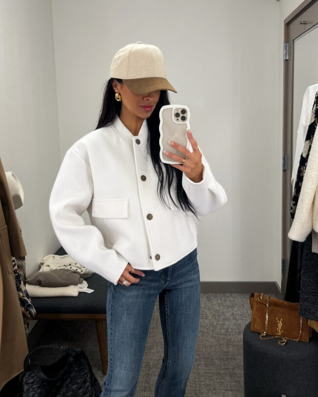 mia mia mine wearing a white bomber jacket from the nsale