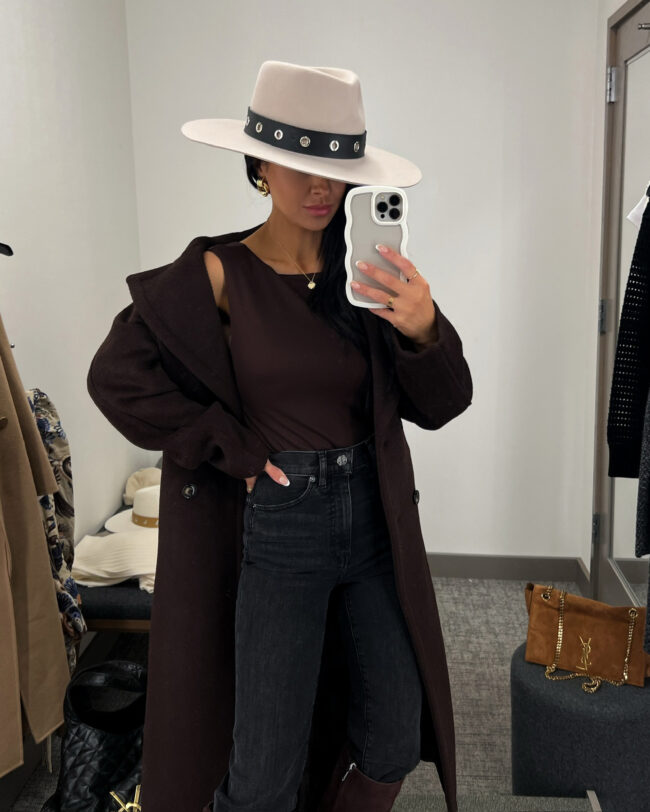 mia mia mine wearing a chocolate brown outfit for fall from the nsale