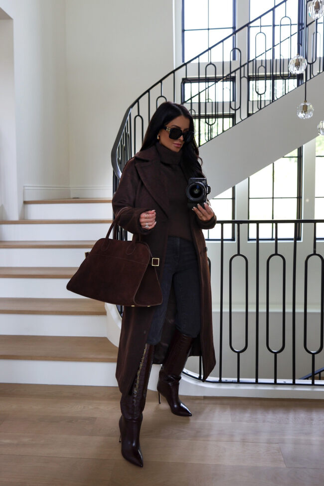 mia mia mine wearing a chocolate brown wool coat from the nsale
