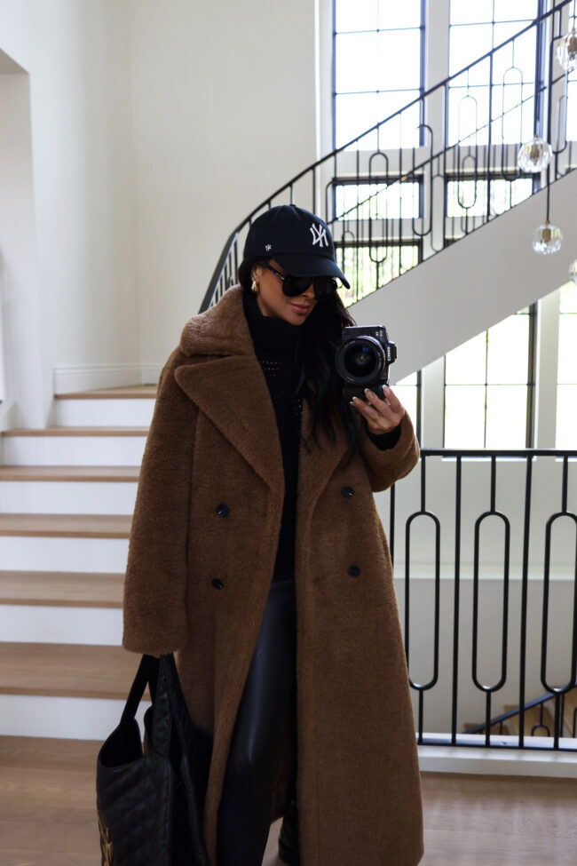fashion blogger wearing a brown teddy bear coat from the nordstrom anniversary sale