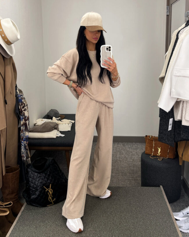 mia mia mine wearing a beige loungewear set from the nsale