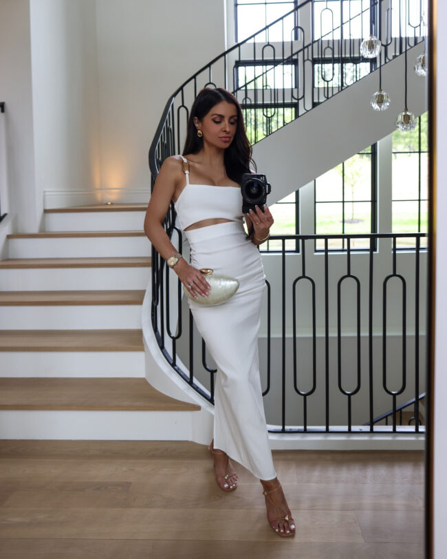 brunette fashion blogger wearing a white maxi dress