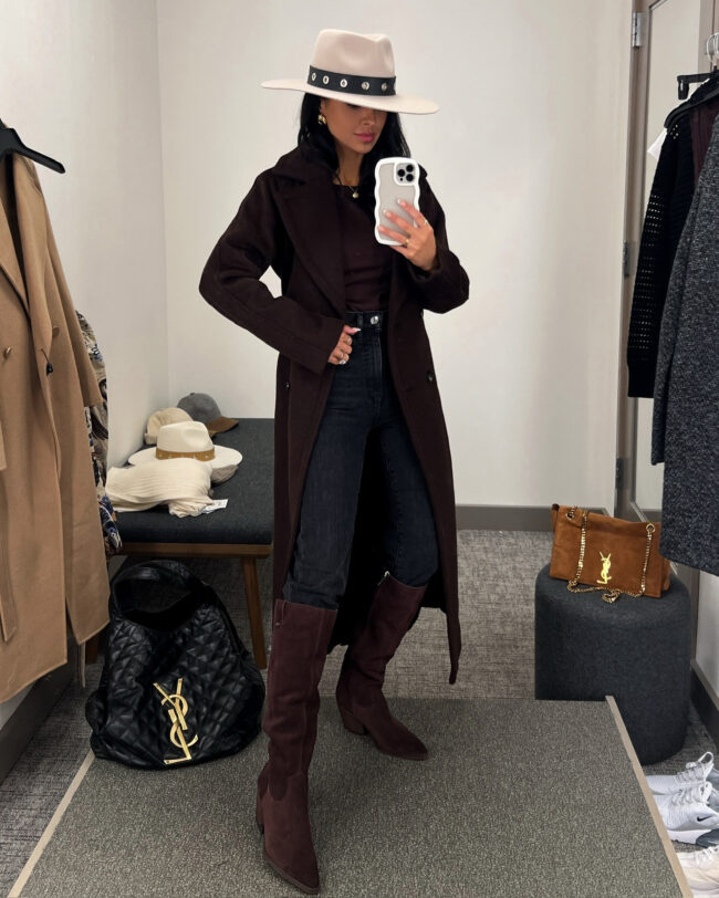 mia mia mine wearing chocolate brown suede western boots from the nsale
