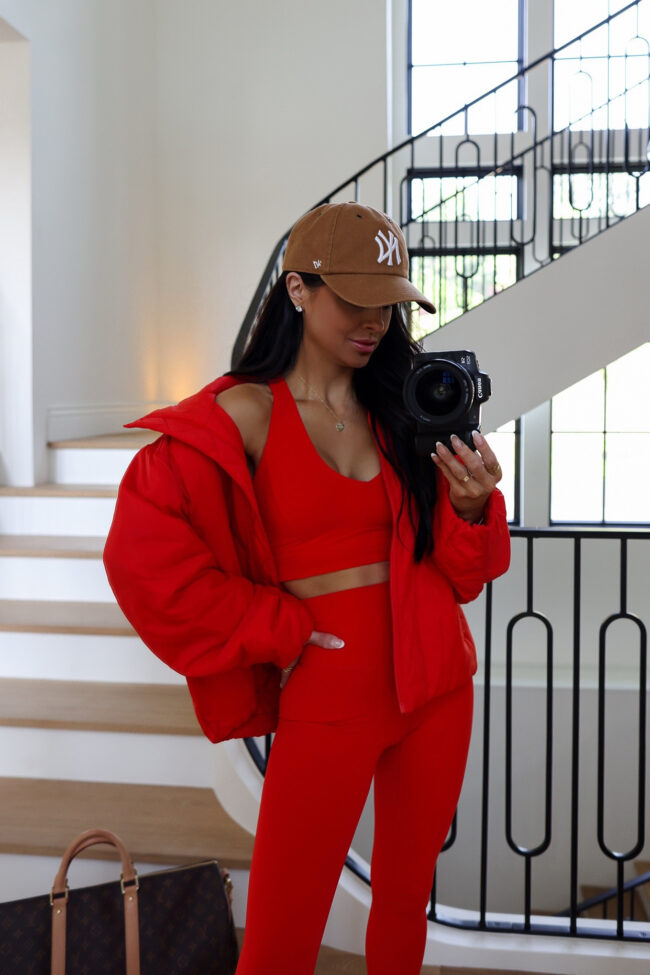 brunette fashion blogger wearing a cropped red jacket from the nordstrom anniversary sale