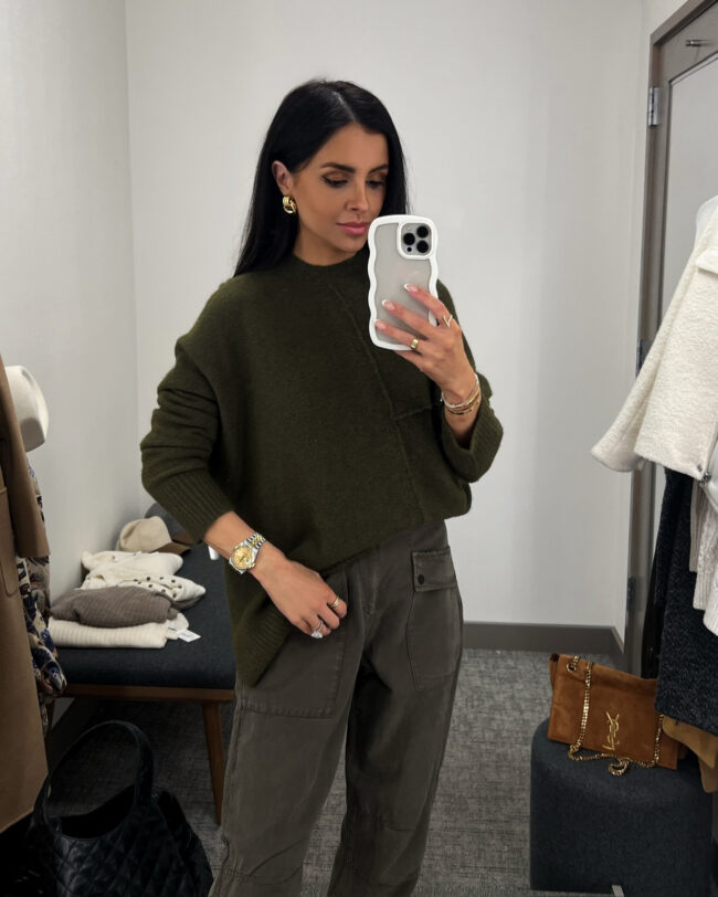 mia mia mine wearing an allsaints sweater from the nordstrom anniversary sale