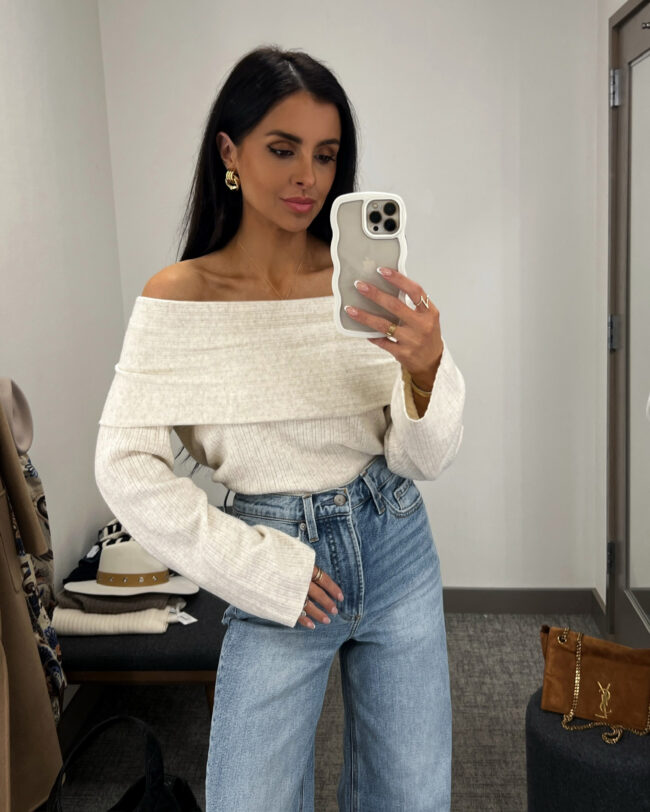 mia mia mine wearing an off the shoulder sweater from the nsale