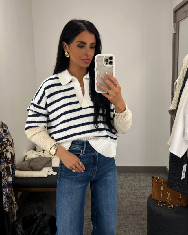 brunette fashion blogger wearing a madewell striped sweater from the nsale