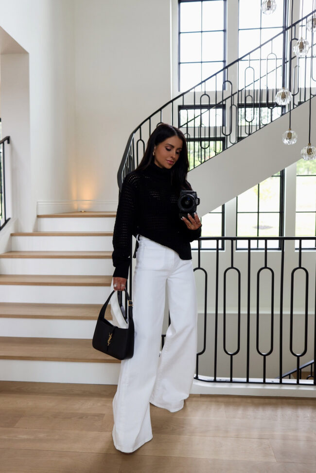 brunette fashion blogger wearing a varley crochet sweater from the nordstrom sale