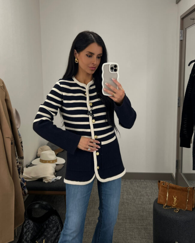 fashion blogger mia mia mine wearing a rag & bone striped cardigan from the nordstrom anniversary sale
