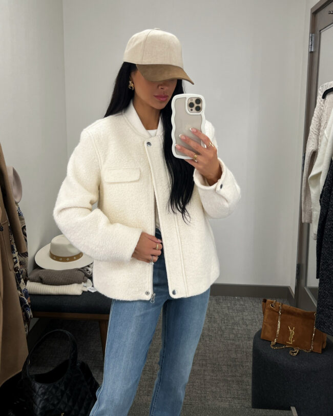 fashion blogger wearing a rails bombet jacket from the nsale