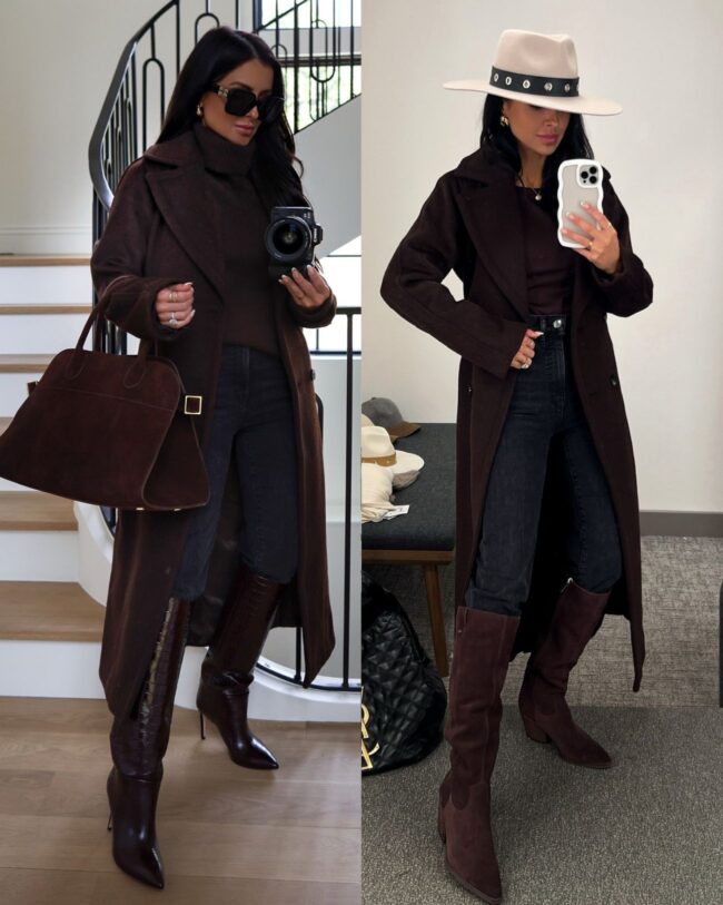 mia mia mine wearing a chocolate brown coat for fall