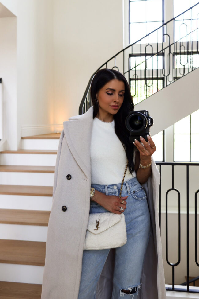 brunette fashion blogger wearing a fuzzy sweater from nordstrom